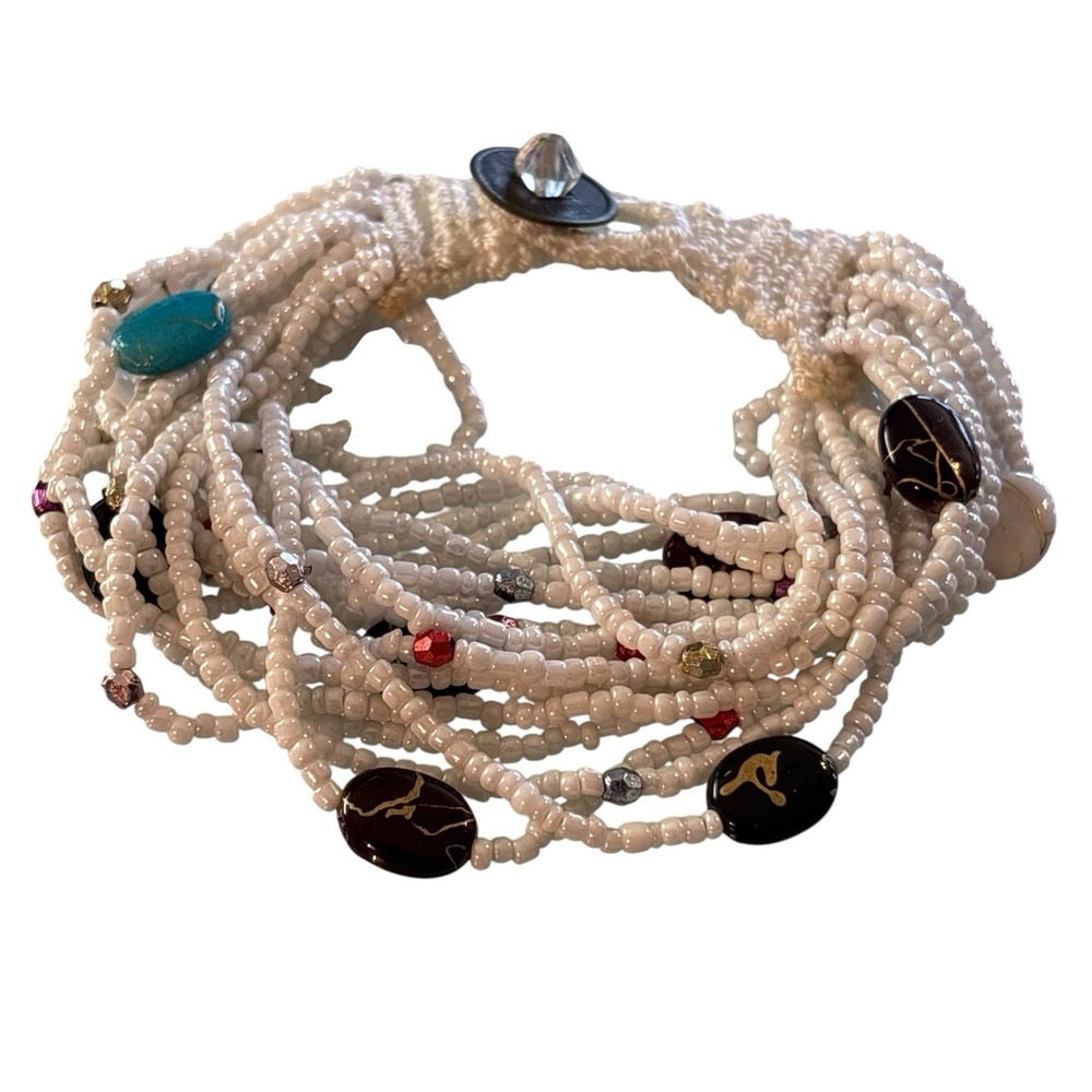 Bohemian‎ Bracelet White Seed Bead Multi Strand Ethnic Crochet Toggle Button - Picture 2 of 16